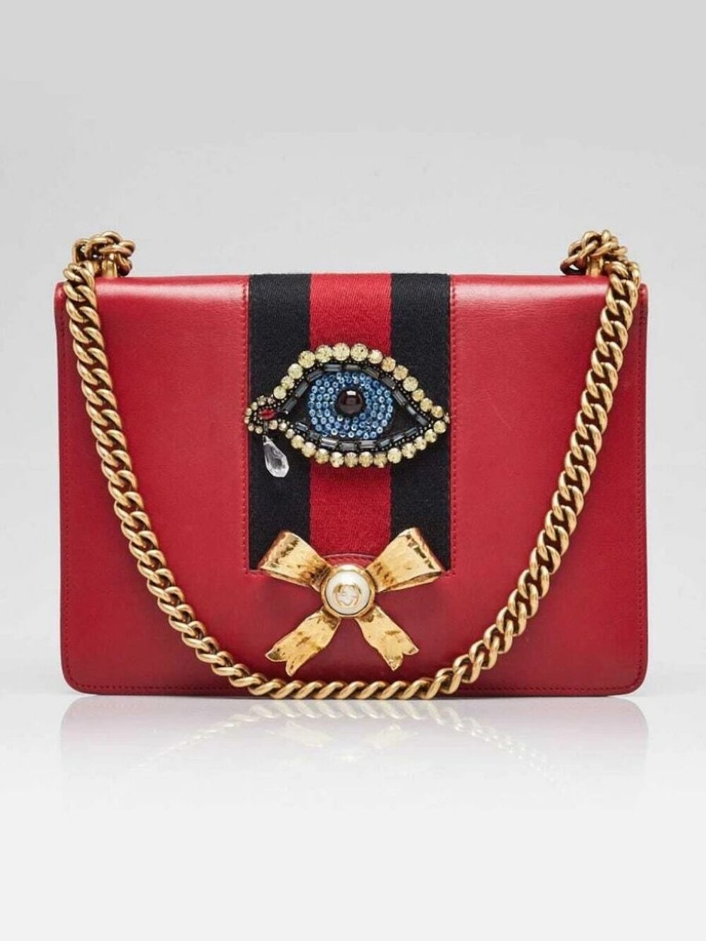 Gucci Red Leather Peony Medium Eye Chain Shoulder Bag - Picture 1 of 12